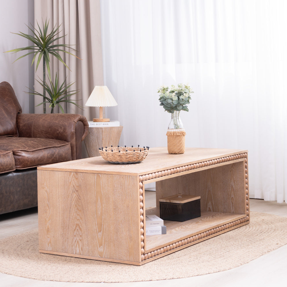 Rustic Beaded Edge Coffee Table with Open Storage Shelf | 47.6" Farmhouse Center Table — Natural Wood Finish
