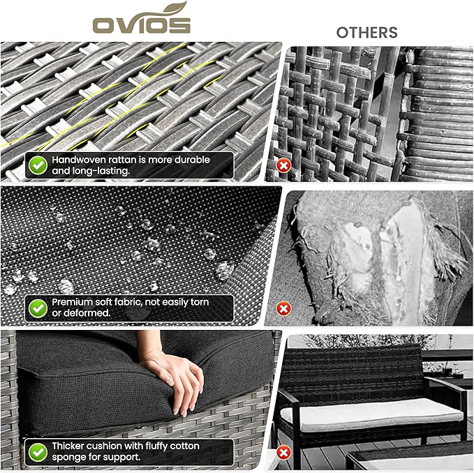 ovios 6 Pieces Patio Furniture Set with 42" Fire Pit Table, Outdoor Wicker Sofa with Comfy Cushions, All Weather High Back Rattan Couch Conversation Set, Black