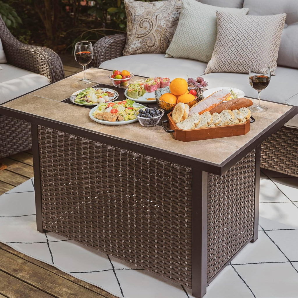 Nuu Garden Outdoor 43" 50,000 BTU Propane Gas Fire Pit Table, Ceramic Tabletop and Rattan Weaved Iron Frame, Water-Proof Oxford Cover, Glass Wind Guard, Glass Beads, Lid Included, Dark Brown & Coffee