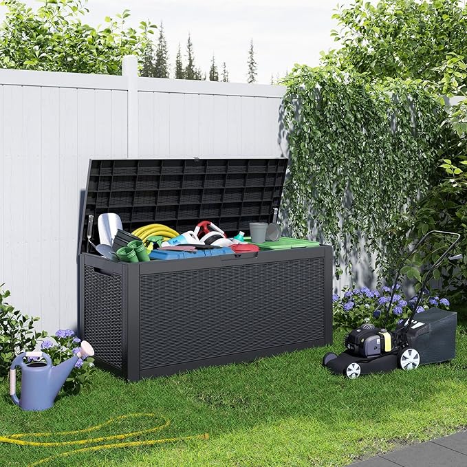 DRATO 100 Gallon Large Deck Box, Outdoor Storage Box for Patio Furniture, Patio Cushions, Gardening Tools, Pool Supplies,660lbs Weight Capacity,Waterproof Resin Storage Boxes