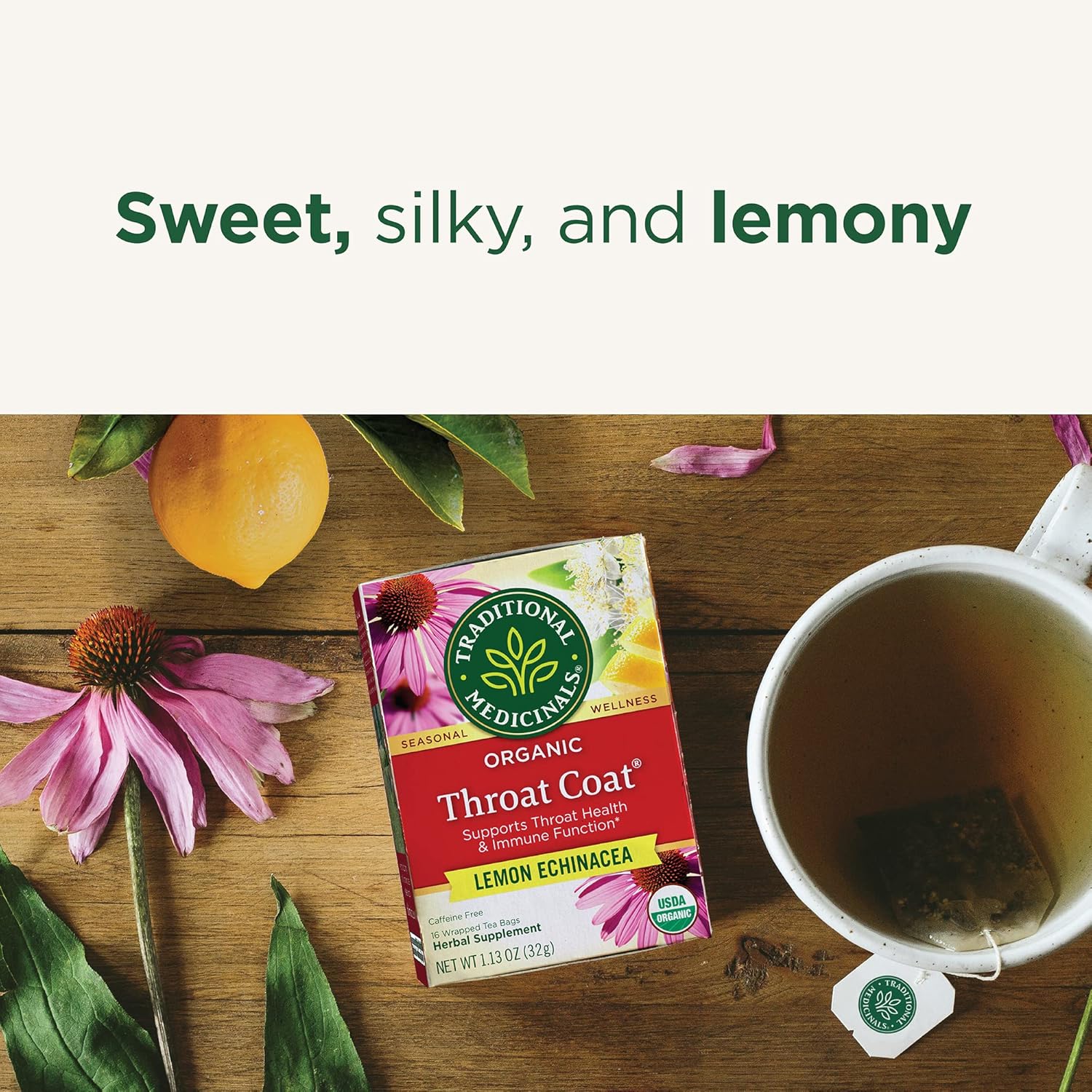 Traditional Medicinals Organic Lemon Echinacea Throat Coat Tea, 16 Bags, Case of 6 – Immune Support, Sore Throat Relief