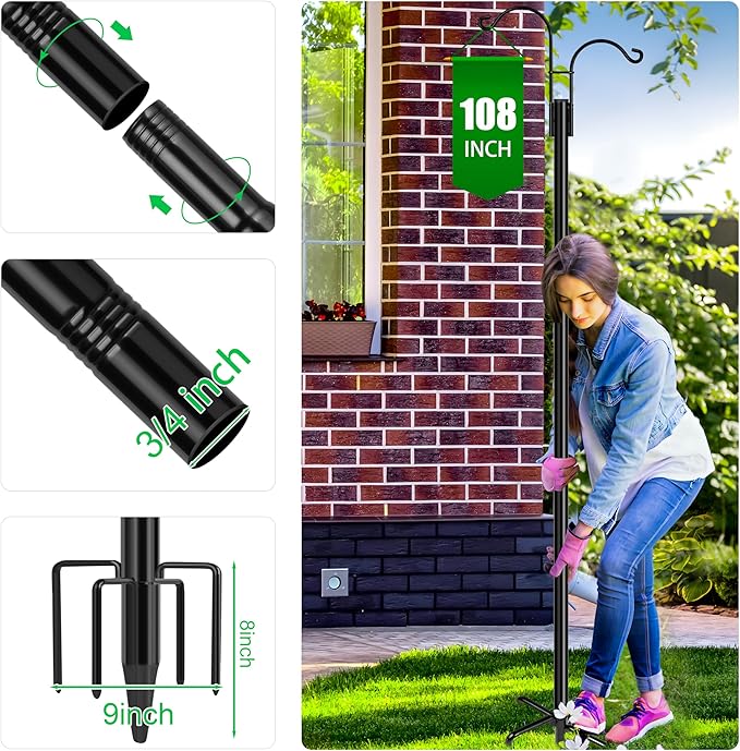 XDW-GIFTS Double Shepherds Hooks for Outdoor, 2-Pack Heavy Duty Garden Pole for Hanging Bird Feeder, Plant Baskets, Solar Light Lanterns, Garden Plant Hanger Stands with 5 Base Prongs