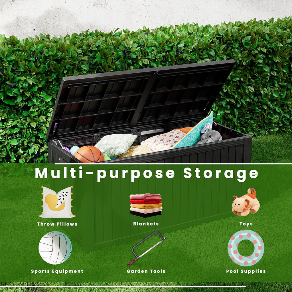 200 Gallon Waterproof Large Resin Deck Box Indoor/Outdoor Lockable Storage Container and Seating for Garden, Pool, and Patio (200 Gallon, Black)
