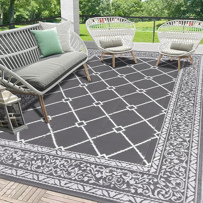 HEBE Outdoor Rug Waterproof 8x10, Reversible Plastic Straw Rug RV Camping Rug, Indoor Outdoor Patio Mat Clearance, Outside Carpet for Porch,Deck,Camper,Balcony,Backyard,Picnic