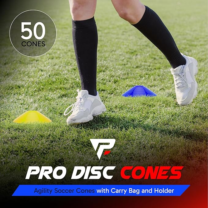 Pro Disc Cones (Set of 50) - Agility Soccer Cones with Carry Bag and Holder for Sports Training, Football, Basketball, Coaching, Practice Equipment, Kids - Includes 15 Best Cone Drills Book
