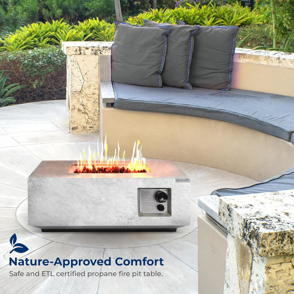 SereneLife Propane Fire Pit Table, 40,000 BTU Outdoor Square Gas Fire Pit with Cover, Weather-Resistant Metal, Adjustable Flame, Lava Rock Set, Ideal for Patio, Backyard & Terrace (30” x 30” x 11”)