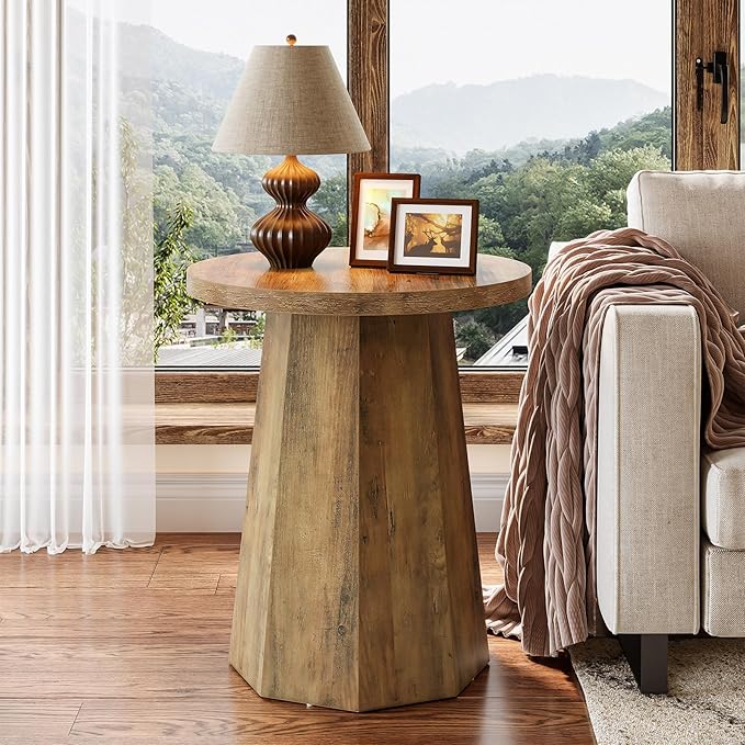 Tribesigns Round Pedestal End Table, Farmhouse Couch Side Table with Octagonal Base, Nightstand Accent Wooden Drink Stand (1, Rustic Brown)