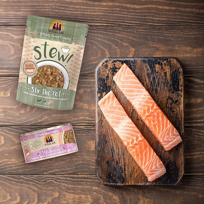 Weruva Classic Cat Stews!, Kettle Call with Beef, Chicken & Salmon in Gravy, 3oz Pouch (Pack of 12)
