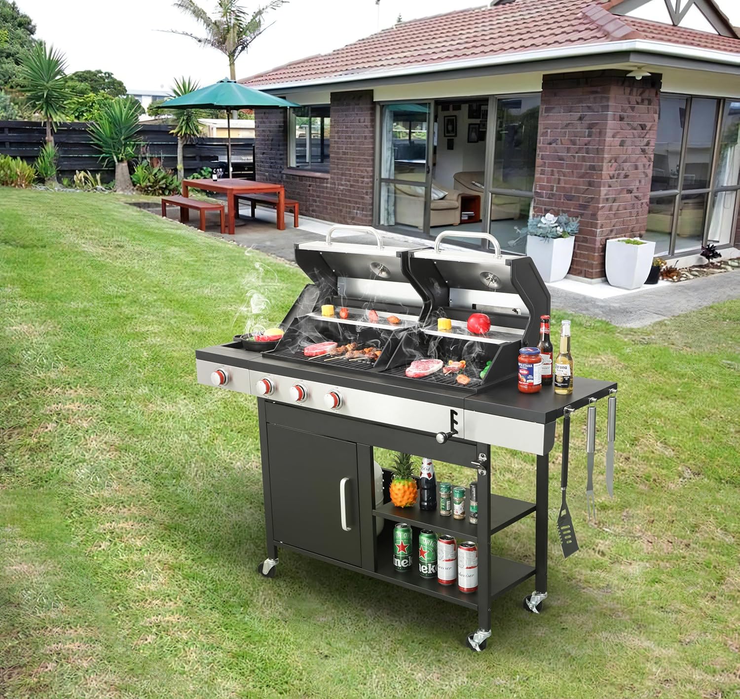 3-Burner Propane Gas BBQ Grill with Side Burner and Charcoal Grill Combo, 37,230 BTU, Enameled Cast Iron Grates, Stainless Steel Outdoor Grill for Patio and Backyard