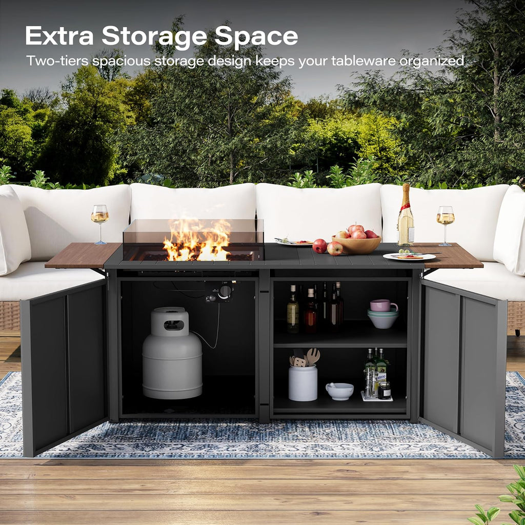 LAUSAINT HOME 64" Gas Fire Pit Table for Outside Patio, 55,000 BTU Propane Firepit with Expandable Tabletop & Wind Guard