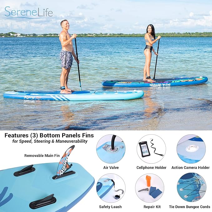 SereneLife Inflatable Stand Up Paddle Board with Premium SUP Accessories – Wide Stable Design with Non-Slip EVA Deck Pad for Adults and Youth of All Skill Levels, 350 lbs Capacity