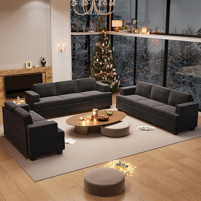 Sofa, 3 Piece Set Comfy Sofa, Loveseat & 2 3-Seater Couch with Deep Seats for Living Room, Modern Sleeper Couch, Dark Grey Chenille