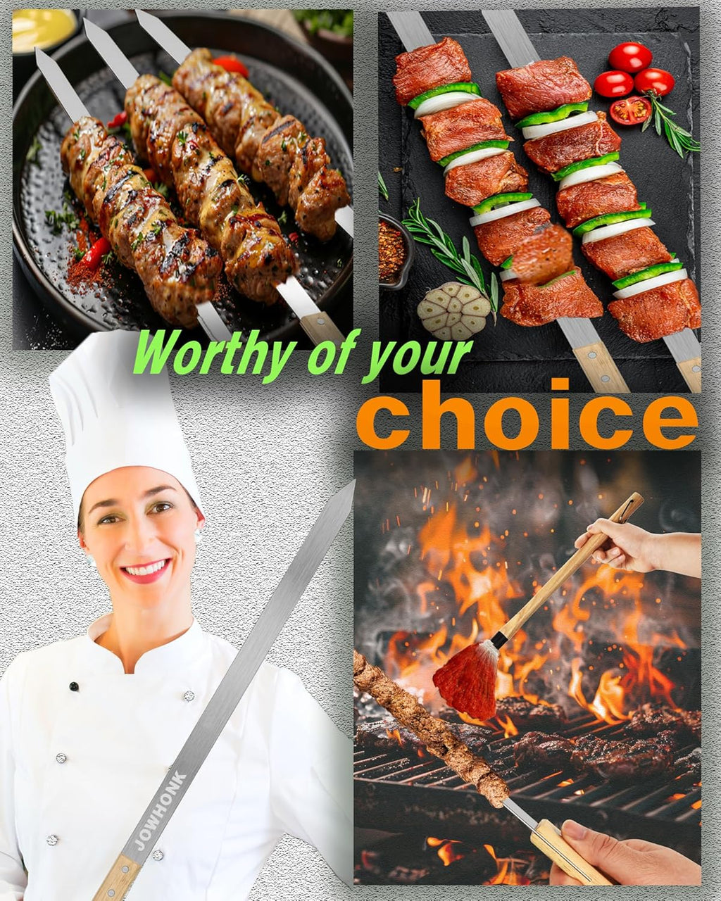 27" 304 Stainless Steel Skewers for Grilling,1 Inch Wide Extra Large Skewers for Kabobs with Wooden Handle,Metal Flat Barbecue Skewer Make Koobideh Brazilian-BBQ Skewer(4),BBQ Mop Brush(1)
