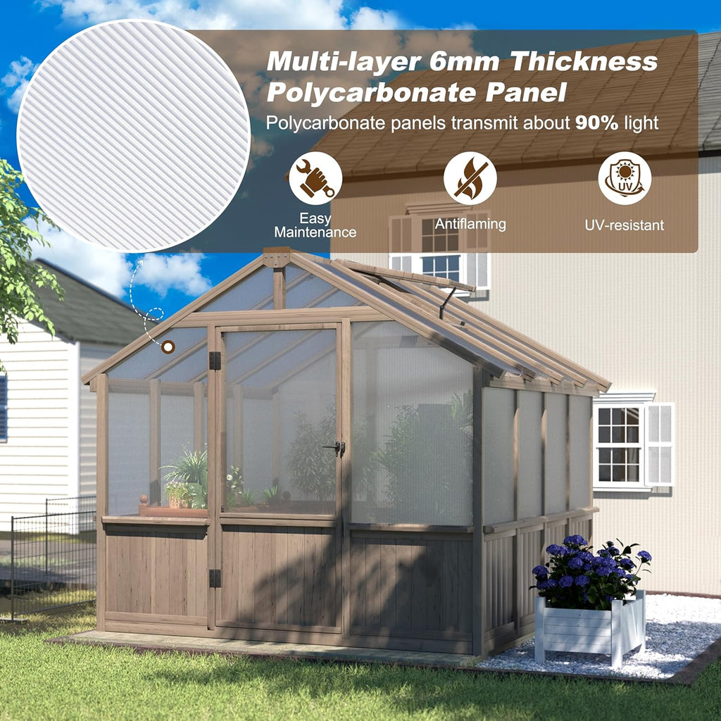 8x8 FT Greenhouse Kit for Outdoor, 6MM Thick Polycarbonate Panel Wooden Walk-in Green House with Lockable Door and Adjustable Roof Vent, Backyard Garden, Light Mocha Brown