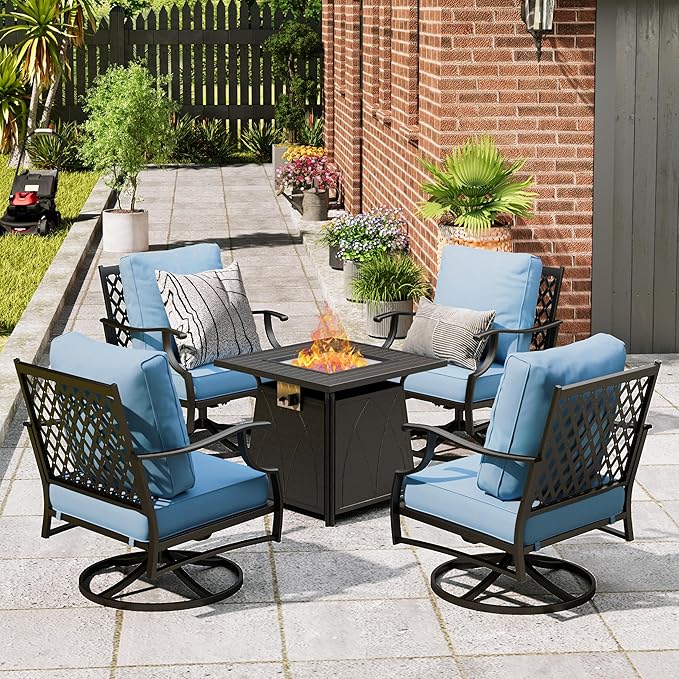 Patio Furniture Set with Fire Pit Table, 5 Pcs Metal Outdoor Conversation Set, 4 Swivel Chairs with 5.75" Extra Thick Cushion and 28" Fire Pit Table for Backyard Deck, Blue