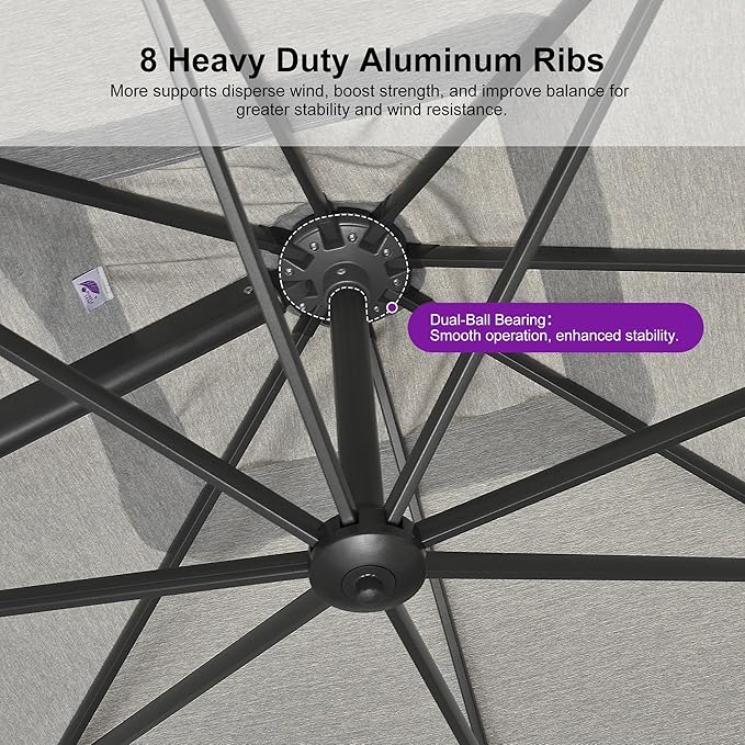 PURPLE LEAF 8 FT Cantilever Patio Umbrella Outdoor Aluminum Offset Square Umbrella with 3 Years Fade Resistance Recycled Fabric and 360-degree Rotation for Deck Pool Garden, Pebble Grey