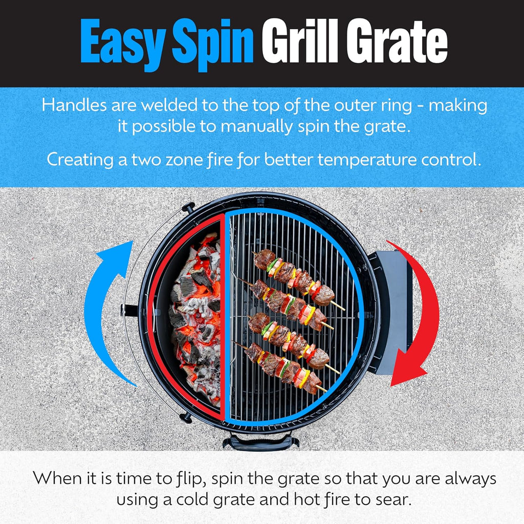 SnS Grills EasySpin Charcoal Grill Cooking Grate, 304 Stainless Steel, Large Hinged Opening, Perfect for 2-Zone Cooking, Replacement Grate Compatible with Weber & Other Grills - Fits 22” Kettles