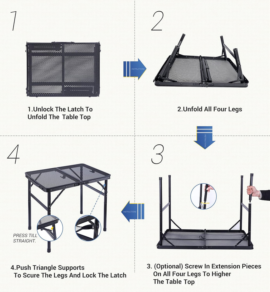 Nice C Table for Grill, Outdoor Table, Camping Table, Outdoor Cooking Table, Picnic Tables, Card Table Adjustable Height, Mesh Bag, Carry Handle (47.3” x 23.7“ x 14.7”/24.2“ Black)