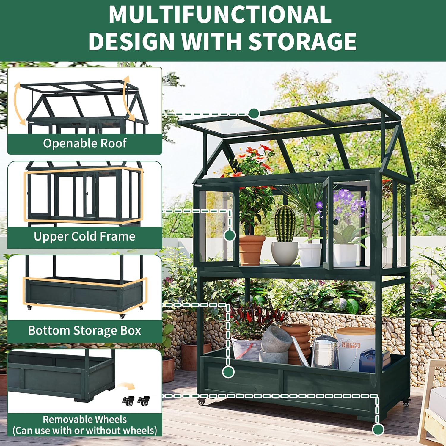 Garden Wood Portable Cold Frame - Mini Greenhouse with Wheels, Open Roof & Storage (Green + Beige + Beige)