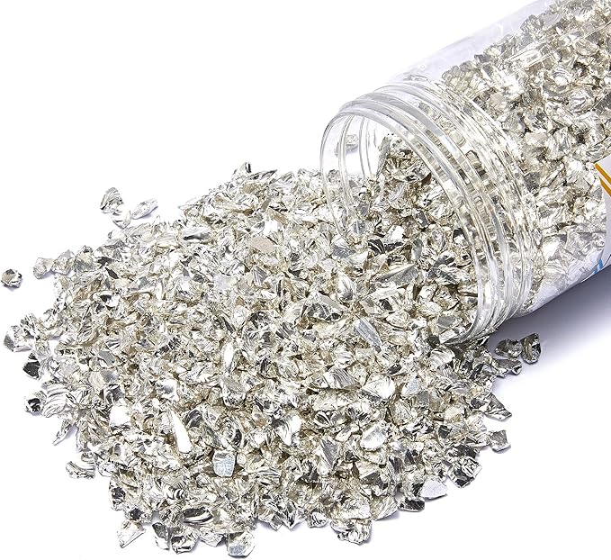 TWINKLING High Luster Fire Glass Gravel Stone Glitter,Broken Glass,Fire Gems Chips,Crushed Glass for Fire Pit Crafts Resin Art Aquarium Garden Decoration,3-6mm,1-Pound Jar (Silver)