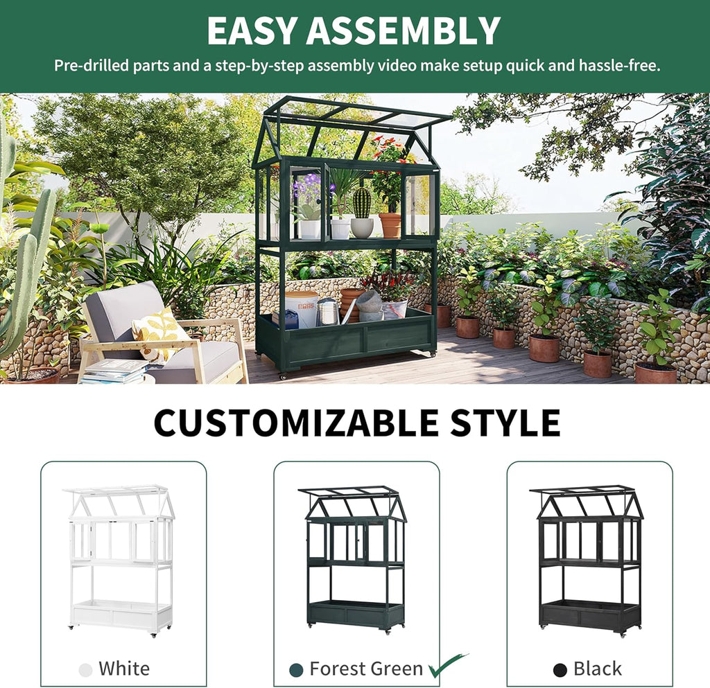 Garden Wood Portable Cold Frame - Mini Greenhouse with Wheels, Open Roof & Storage (Green + Beige + Beige)