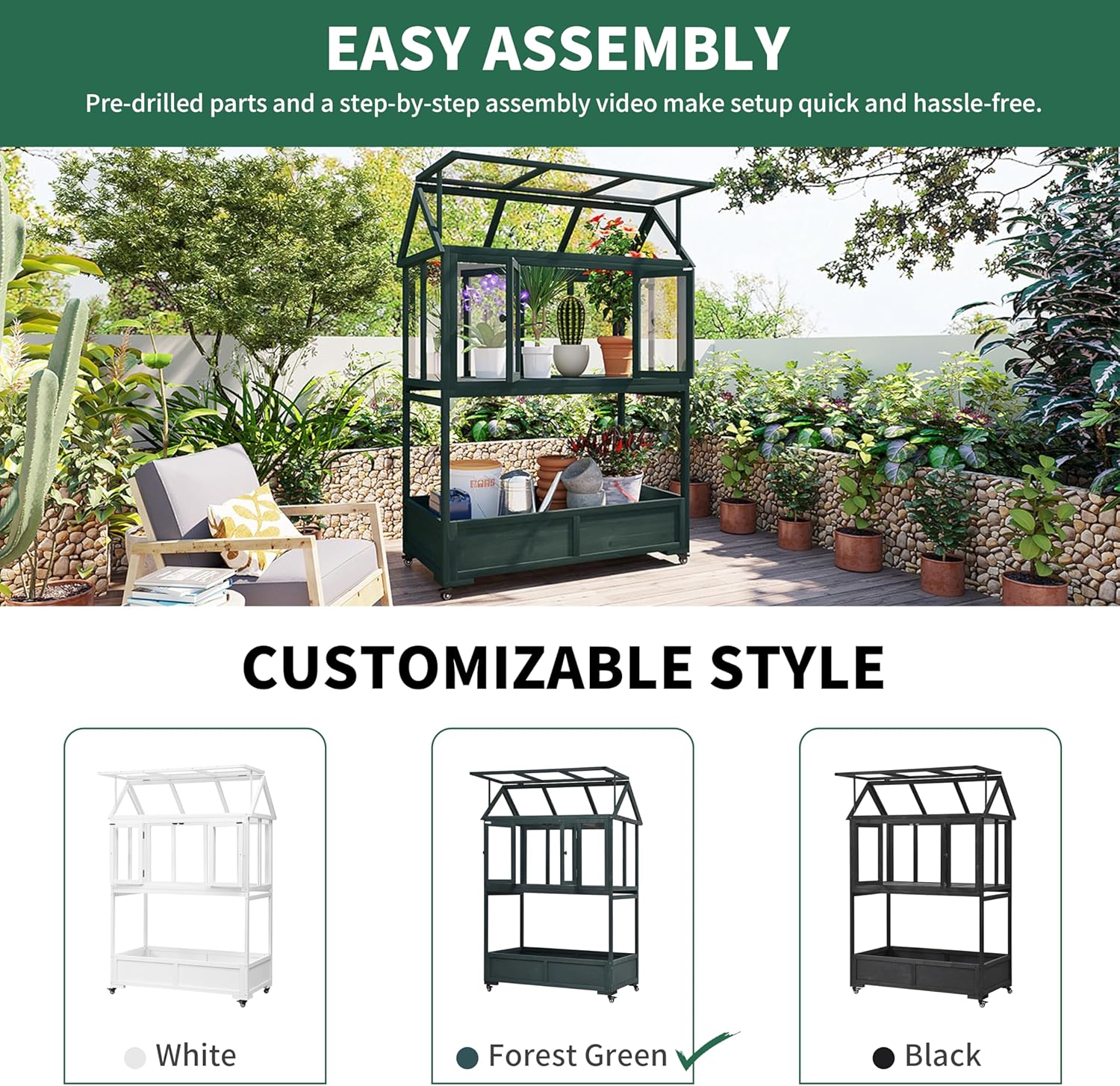 Garden Wood Portable Cold Frame - Mini Greenhouse with Wheels, Open Roof & Storage (Green + Beige + Beige)
