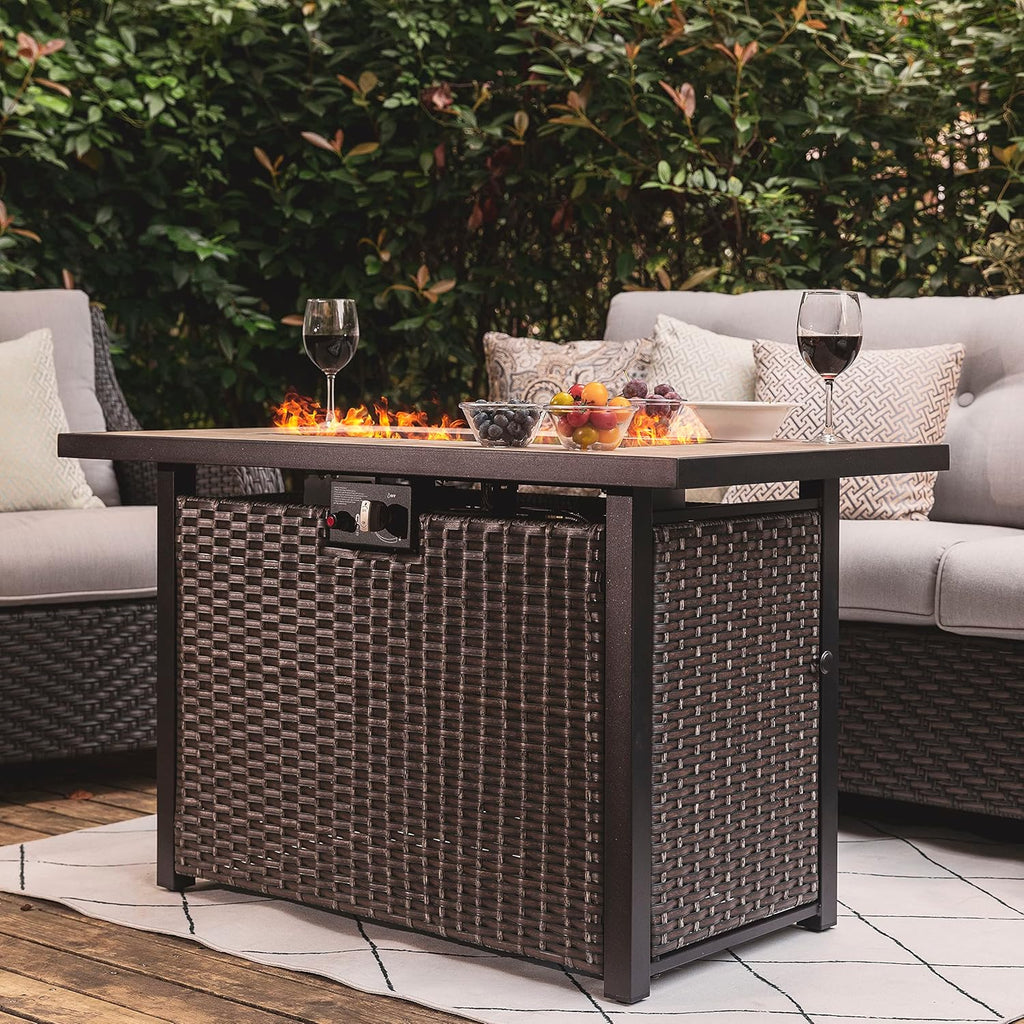 Nuu Garden Outdoor 43" 50,000 BTU Propane Gas Fire Pit Table, Ceramic Tabletop and Rattan Weaved Iron Frame, Water-Proof Oxford Cover, Glass Wind Guard, Glass Beads, Lid Included, Dark Brown & Coffee