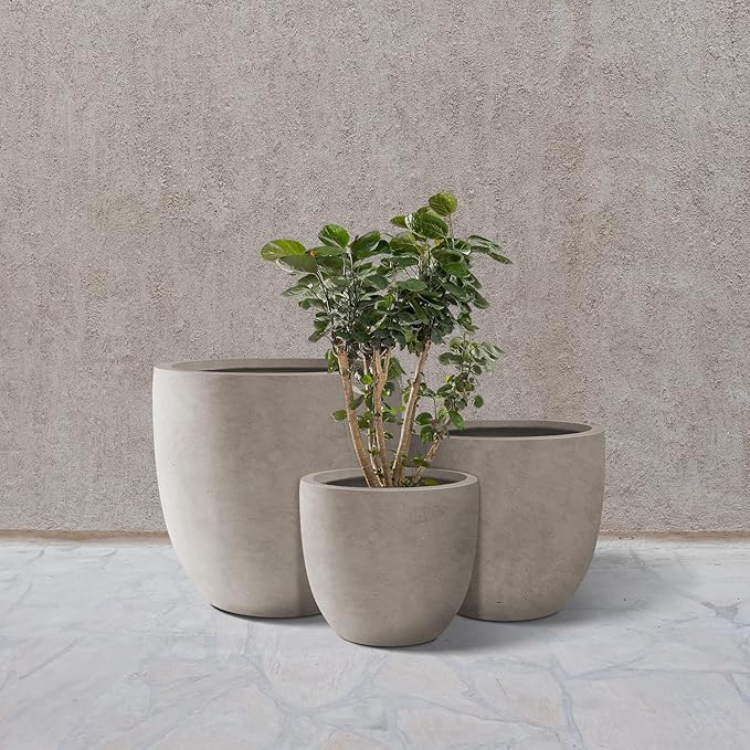 Kante 18",14",10" Dia Concrete Round Planters (Set of 3), Outdoor Indoor Large Planter Pots with Drainage Hole and Rubber Plug for Home Patio Garden, Weathered Concrete