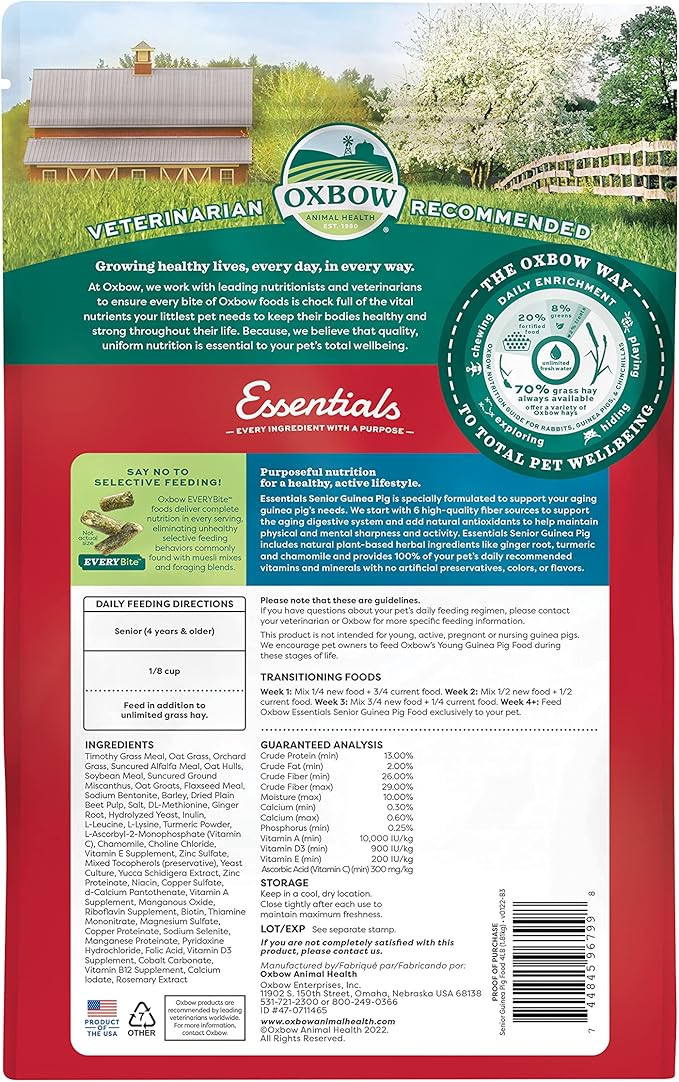 Oxbow Essentials Guinea Pig Food, Senior, Made Alfalfa for Guinea Pig, Pet Food Pellets with Vitamin C, Small Animal Pet Products, Made in USA, High Fiber, 4 lb. Bag