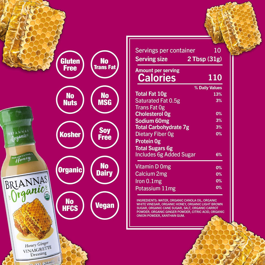 Brianna's Honey Ginger Vanilla Salad Dressing, Pack of 6, 10 Fl Oz