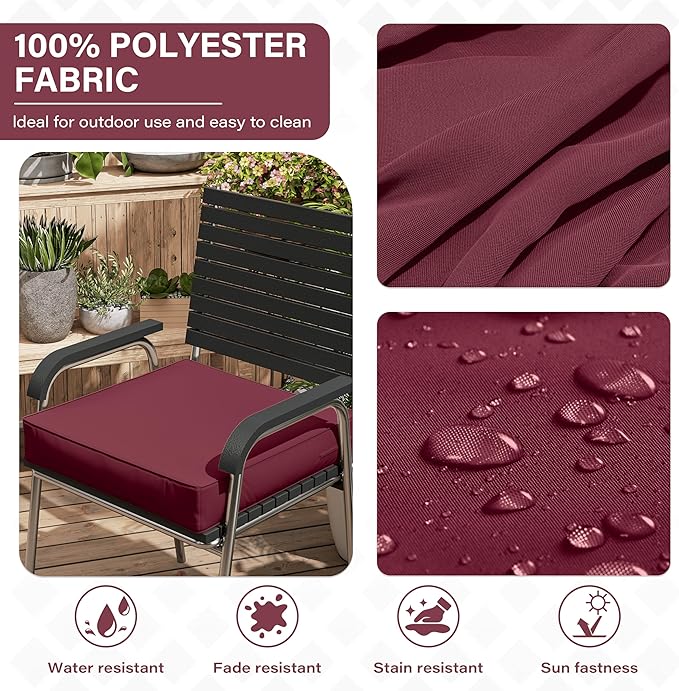 Patio Chair Cushions 18.5 X 16 X 4 Inch Waterproof Outdoor Seat Cushions for Patio Furniture, Outdoor Sofa Couch Pads with Ties & Handle, Set of 2, Burgundy