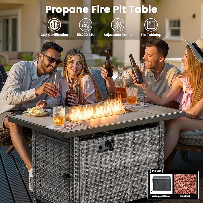 ovios 5 Pieces Patio Furniture Set with 42" Fire Pit Table, Outdoor Wicker Sofa with Loveseat, Comfy Cushions, High Back Couch Conversation Set, Grey Rattan, Grey