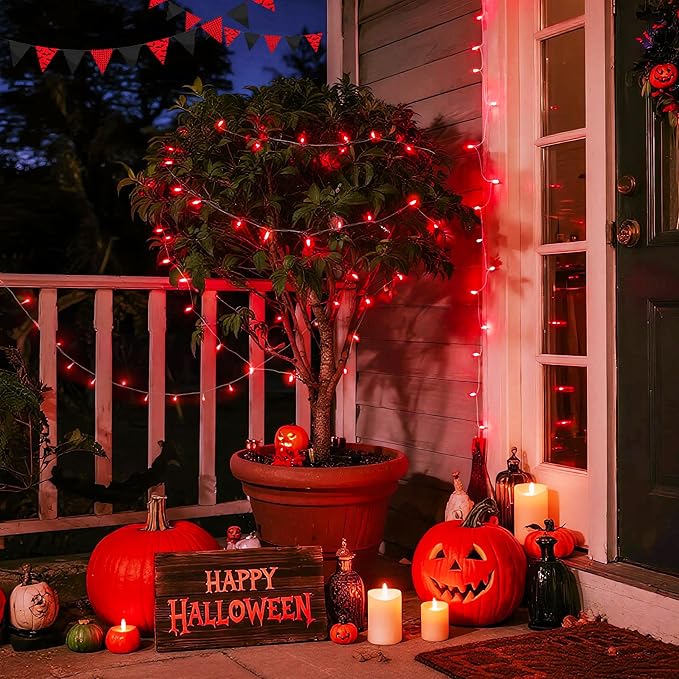 JMEXSUSS 33ft 100 LED Red Halloween Lights, 8 Modes Room String Light Indoor Plug-in, Clear Wire Red Christmas Lights Outdoor Waterproof for Halloween Bedroom, Party