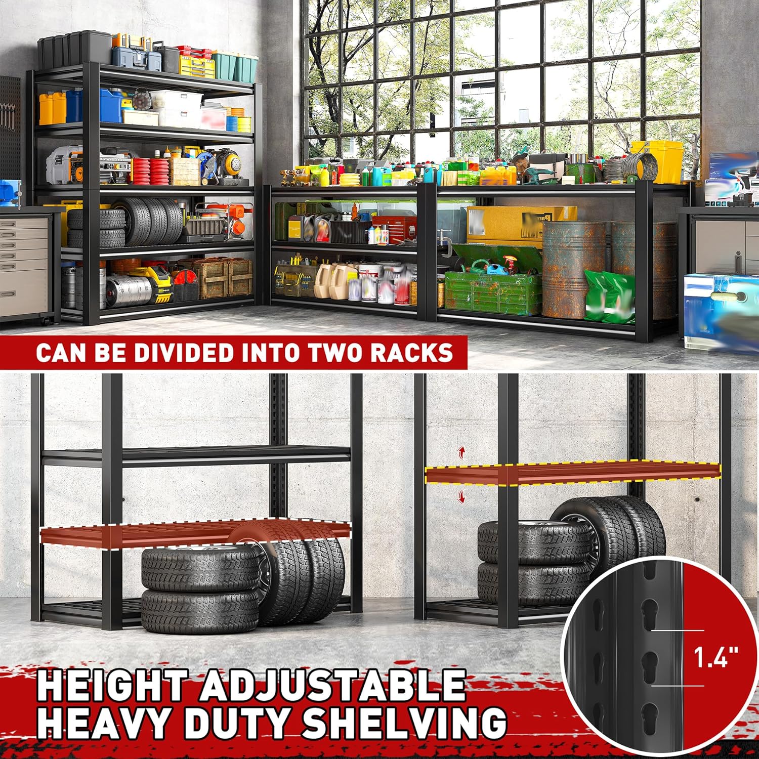 REIBII Garage Shelving 3000LBS, Heavy Duty Storage Shelves, Adjustable Industrial Metal Shelving Unit for Garage, Basement, Pantry, Warehouse,Commercial, 36" W x 16" D x 72" H