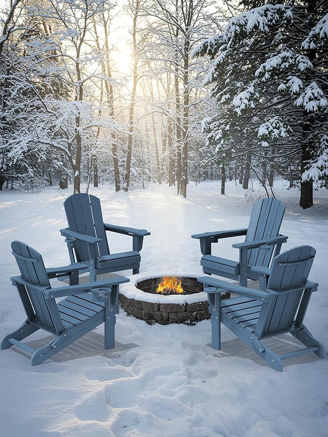 KINGYES Folding Adirondack Chair Set of 6, Dual Cup Holders & All-Weather HDPE, Wood-Like Patio Chair for Backyard, Camping,Pool & Fire Pit, Navy