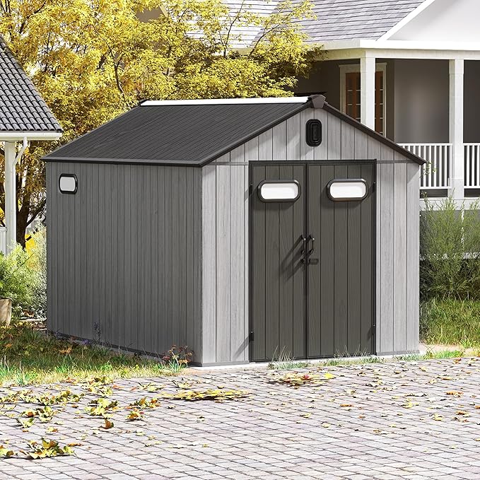 Domi 8x10FT Outdoor Resin Storage Shed with Transparent Windows & Louvered Vents, Plastic Tool Shed with Double Lockable Doors & Gable Roof, Outside Garden Shed for Backyard, Patio, Lawn, Grey