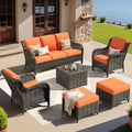 ovios 6 Pieces Patio Furniture Set, Outdoor Wicker Sofas with Glass Coffee Table and Comfy Cushions, All Weather High Back Couch Set for Deck Porch, Brown Rattan, Orange Red