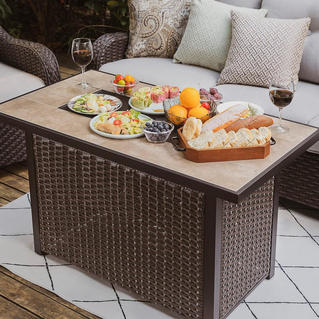 Nuu Garden 43" Propane Fire Pit Table, CSA Certified 50,000 BTU Outdoor Patio Propane Fire Pit Table with Fire Pit Wind Guard, Removable Lid, Ceramic Tabletop, Water-Proof Oxford Cover, Dark Brown