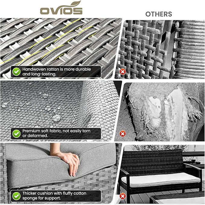 ovios 6 Pieces Patio Furniture Set with 30" Fire Pit Table, Outdoor Wicker Sofa with Comfy Cushions, All Weather High Back Rattan Couch Conversation Set, Dark Grey