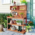 Merax 65" Large Wooden Farmhouse Rustic Outdoor Potting Bench Table with 4 Storage Shelves and Side Hook, Patio Workstation, for Garden, Backyard, Natural