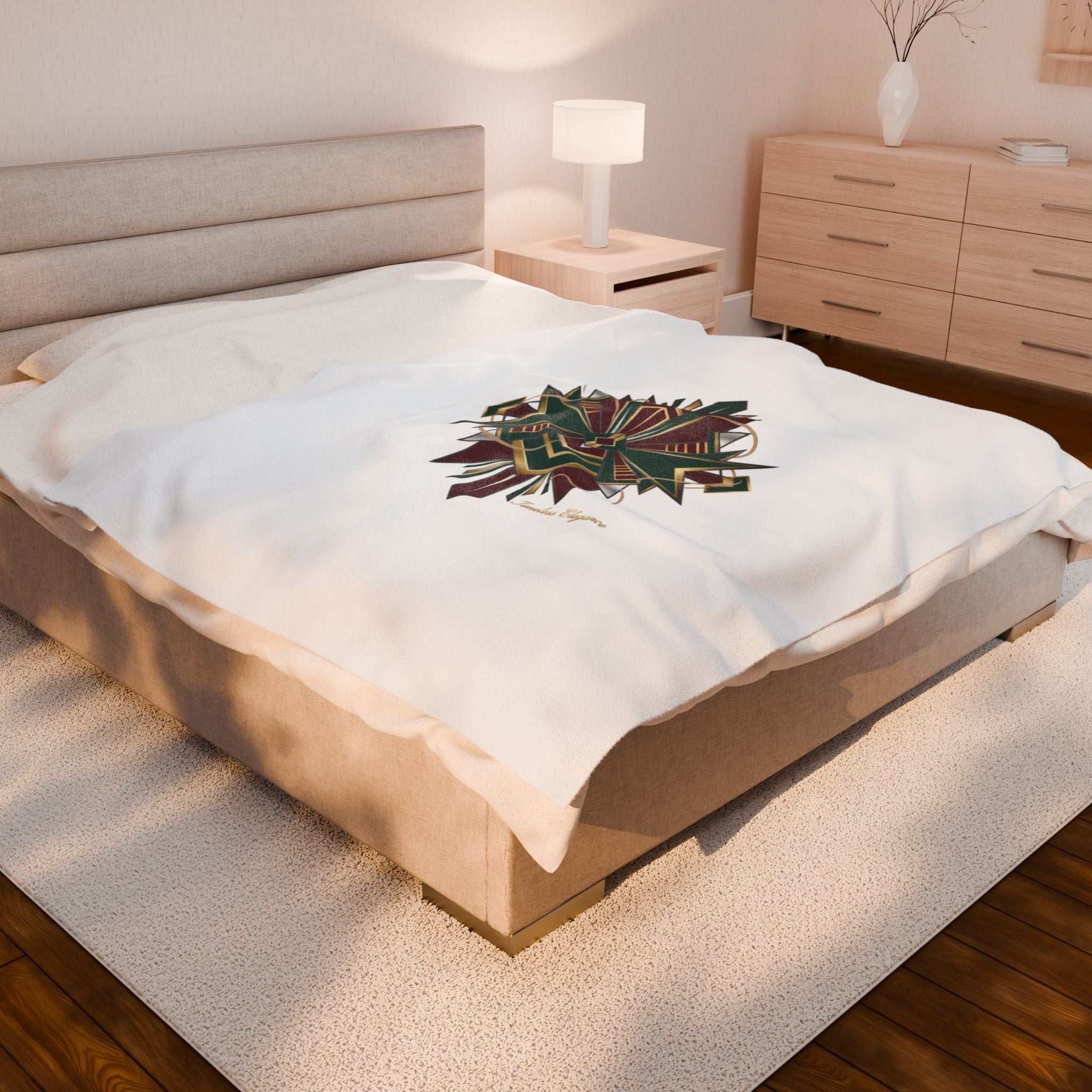 Art Deco Emerald & Burgundy Geometric Velvet Throw Blanket | Brass Chrome Fan Motif