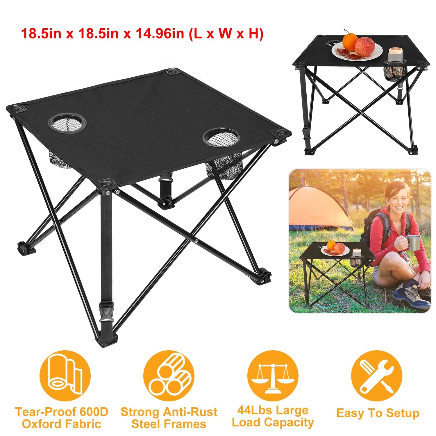 2Pcs Foldable Camping Table Portable Picnic Table Lightweight Travel Desk with 2 Cup Holders/Table Carrying Bag
