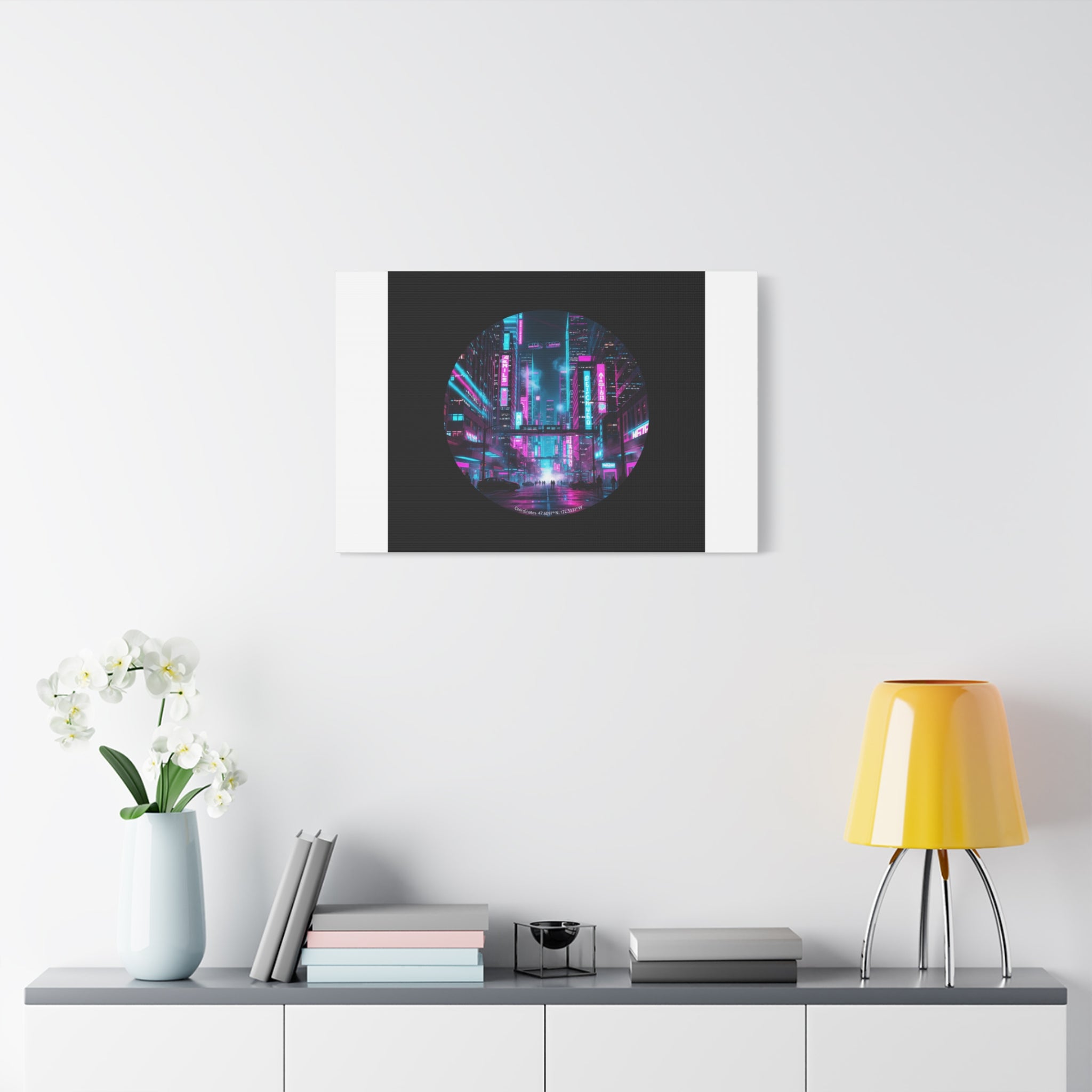 Neon Cyberpunk Cityscape Canvas | synthwave skyline, future city art