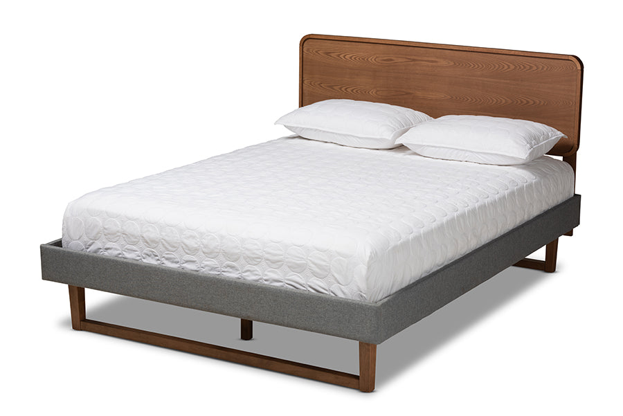 Baxton Studio Ayla Mid-Century Modern Dark Grey Fabric Upholstered Walnut Brown Finished Wood Queen Size Platform Bed