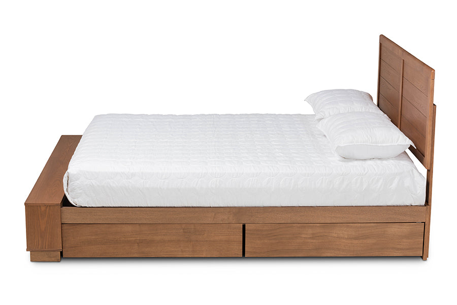 Baxton Studio Alba Modern Transitional Ash Walnut Brown Finished Wood Queen Size 4-Drawer Platform Storage Bed with Built-In Shelves