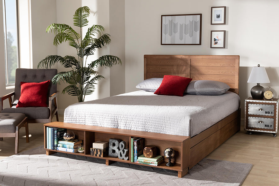 Baxton Studio Alba Modern Transitional Ash Walnut Brown Finished Wood Queen Size 4-Drawer Platform Storage Bed with Built-In Shelves