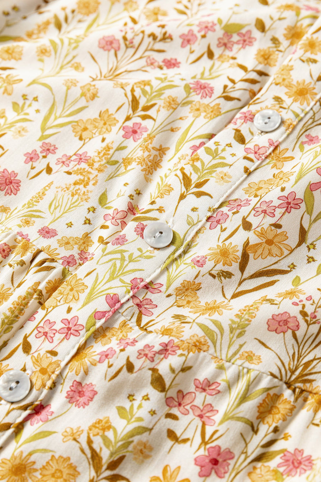 Yellow Floral Print Frilly Trim Smocked Cuff Long Sleeve Loose Shirt Dress