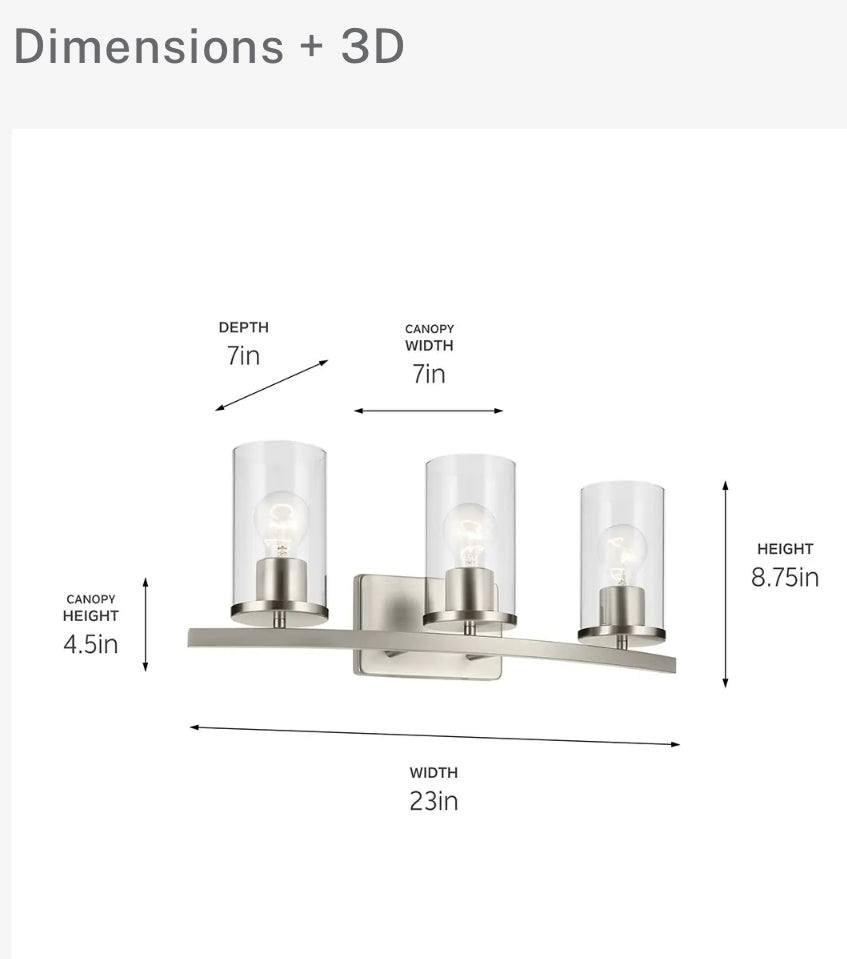 Open Box "KICHLER Crosby 23"" 3-Light Vanity Light with Clear Glass in Brushed Nickel, for Bathroom, Powder Room, (23"" x 8.75""), 45497NICLR"