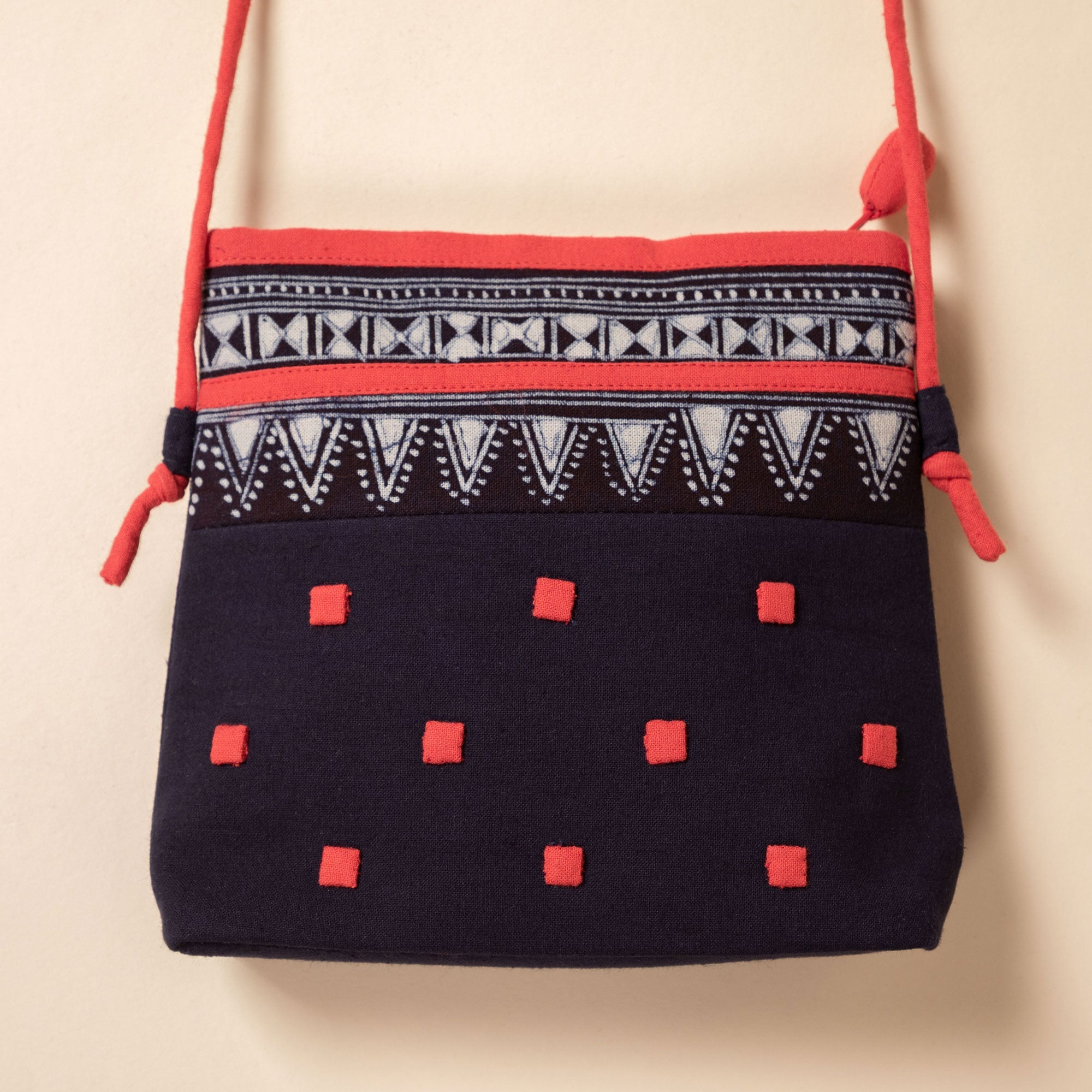 Hmong Batik Cotton Crossbody Bag with Hand Embroidered Accents