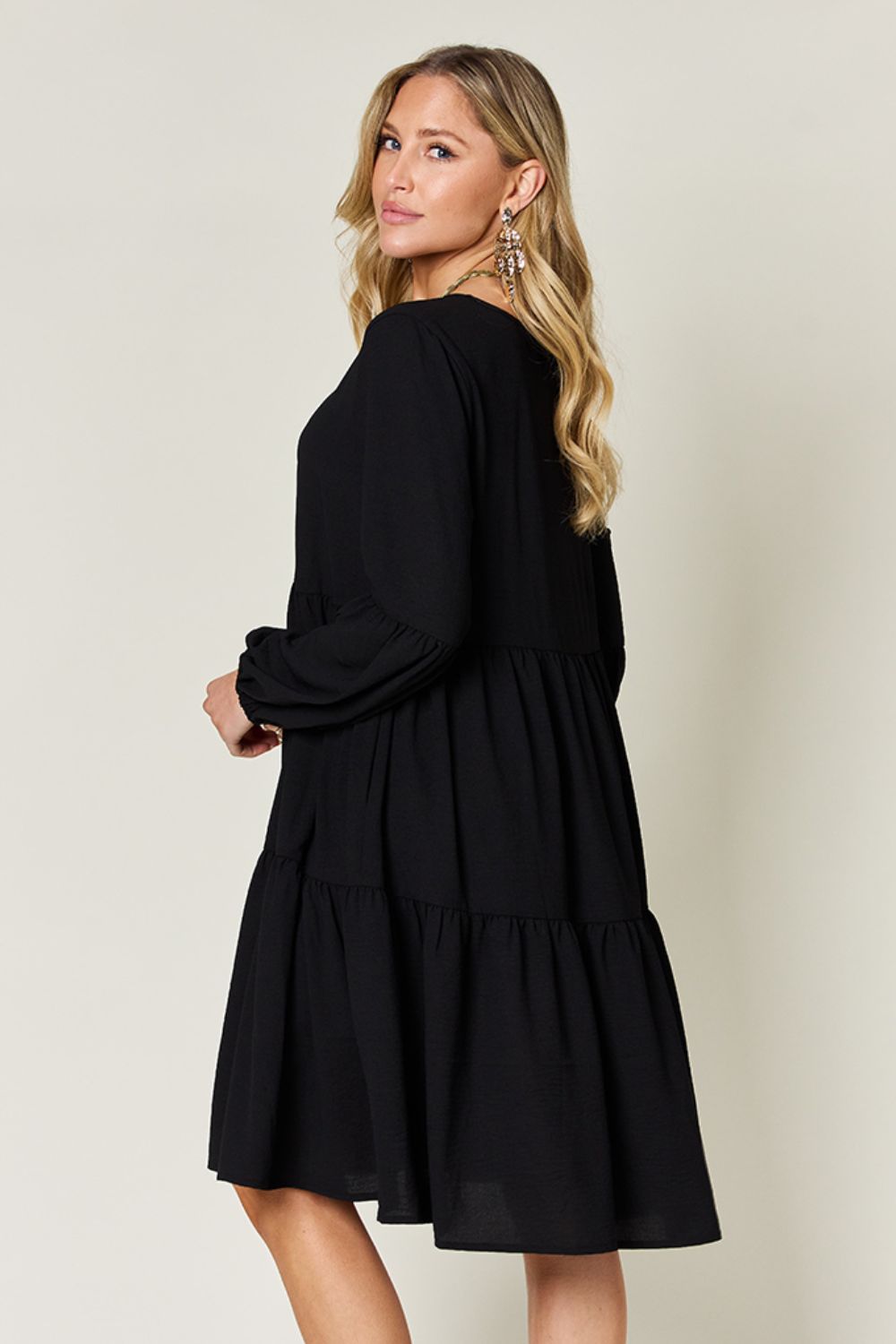 Light Green Double Take Full Size V-Neck Sleeve Tiered Dress with Pockets Elegant & Comfortable Casual Dress